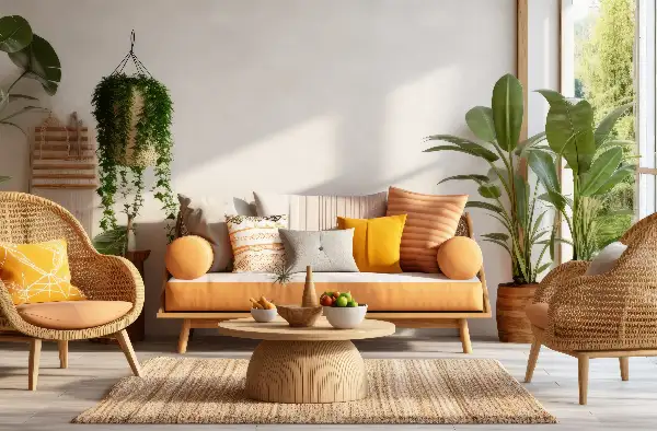 Ein sonniges Wohnzimmer mit orangefarbenen und gelben Akzenten, Rattanmöbeln und Pflanzen..